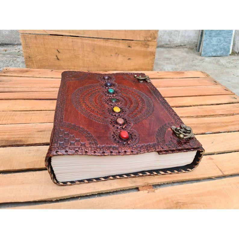 Fat Leather Journal 600 Pages, Large Seven Stone Leather Notebook Blank Handmade Book, Sketchbook Christmas Gift Dream Journal, Grimoire