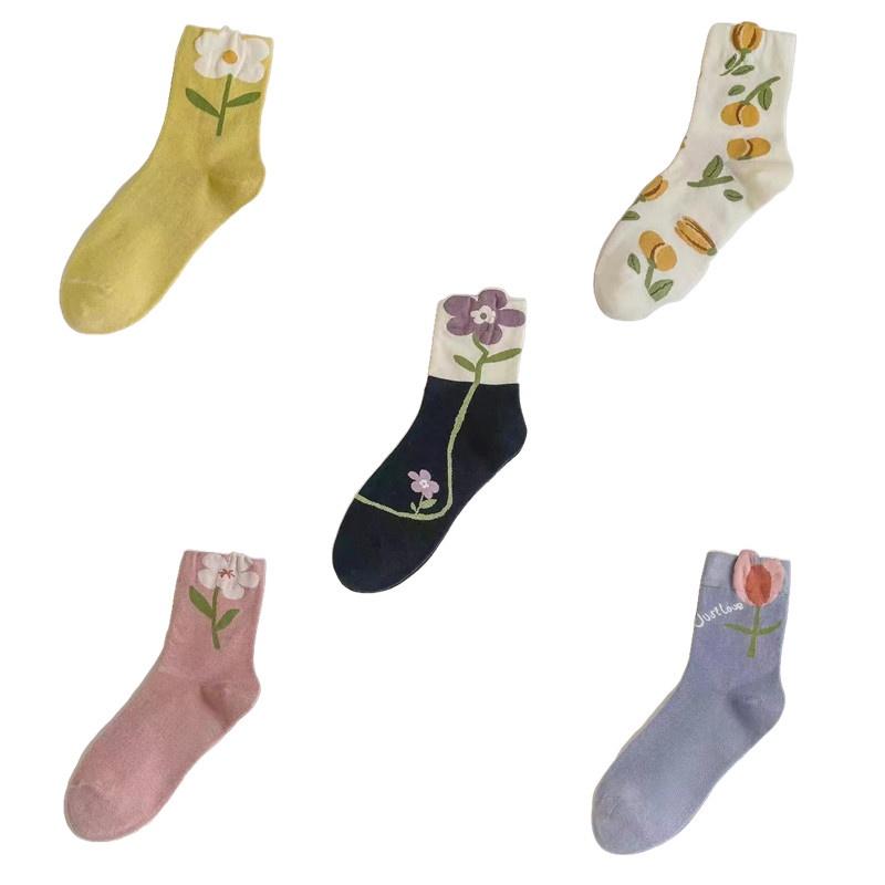 Женские милые цветочные чулки с тюльпанами средней длины на осень и зиму из чистого хлопка, мягкие и удобные