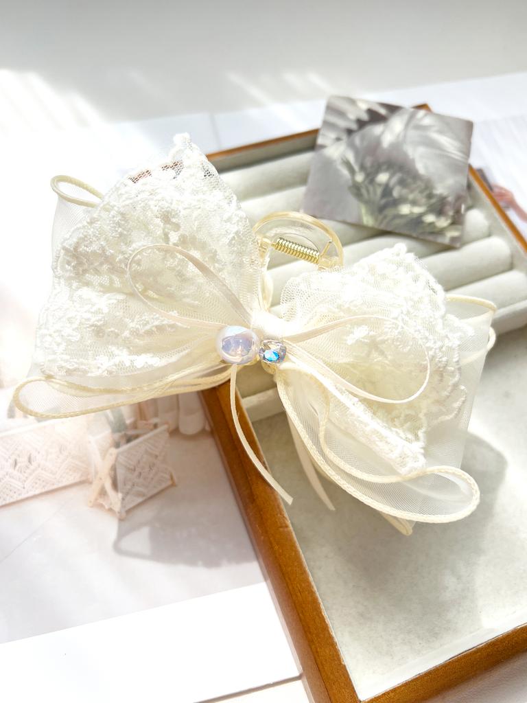 Women'S Black Sweet Large Double Deck Bow Hair Claw Clipnet Bowknot With Jewly Hairpinfashionable Hair Accessories