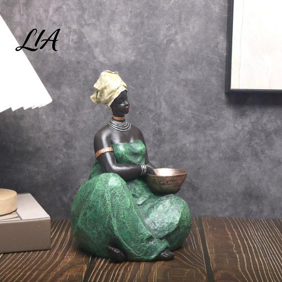 Display Cabinet Accents African Lady Figurine, Resin Ethnic Sitting/Standing Woman Statue, Hand-Painted Bohemian Home Decor for Statue Living Room TV