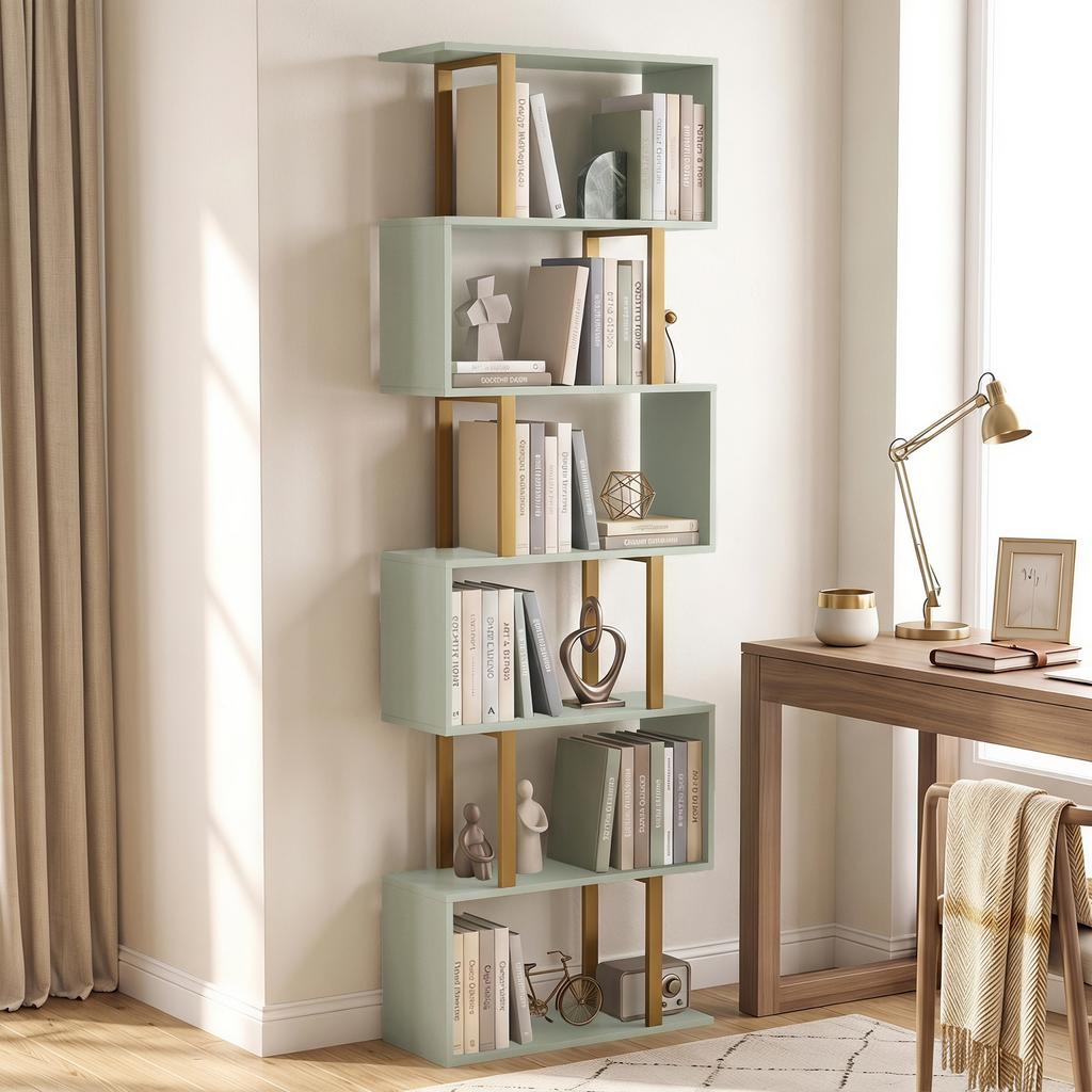 S-Shaped Bookshelf, 5-Tier Bookcase, Freestanding Storage Shelves with Anti-Tip Strap for Living Room, Light Green