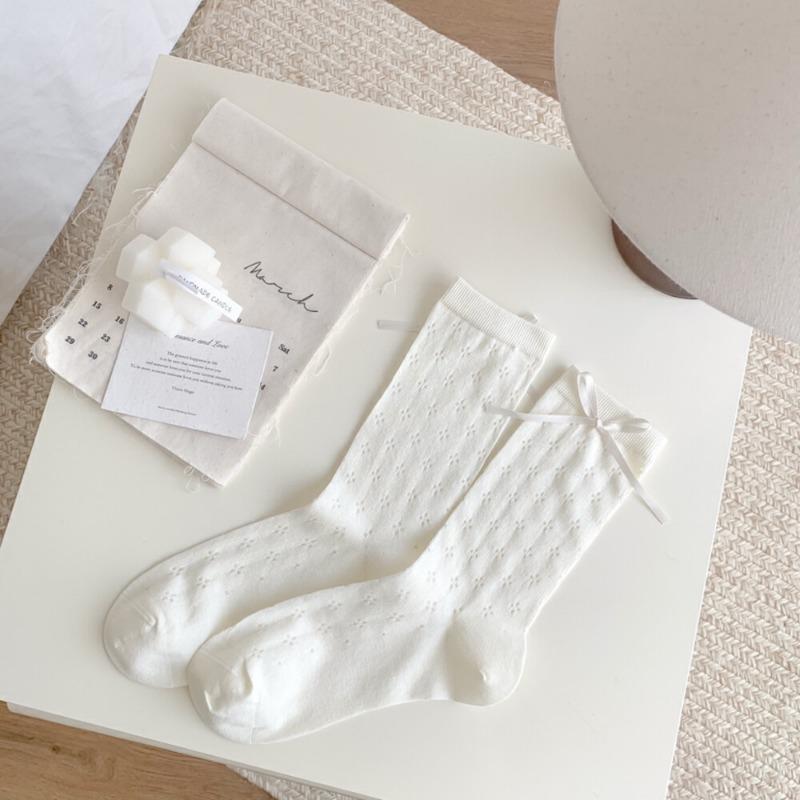 Summer Thin Hollow Mid-tube Socks with Side Bow Ribbon Ballet Style Cream Lolita JK Mesh Socks