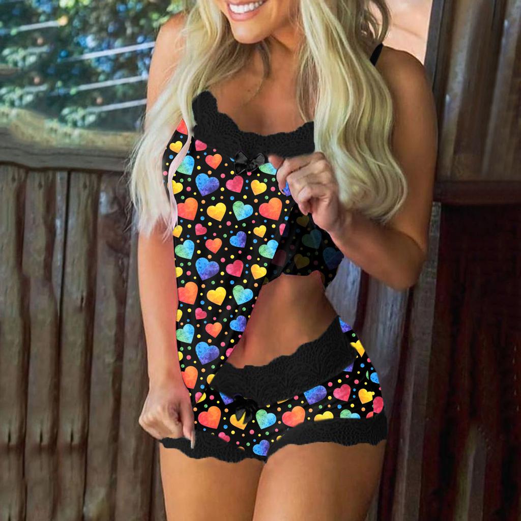 Женские пижамы с принтом без рукавов, кружевные шорты на бретельках, комплект нижнего белья для сна