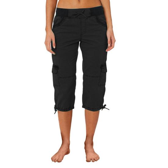 Women Cropped Drawstring Waist Wide Elastic Waistband Pure Multi Pockets Retractable Foot Leg Daily Wear School