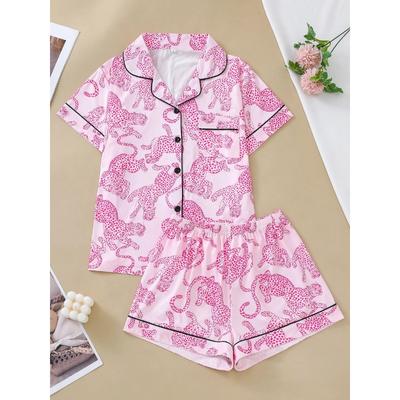 Повседневный розовый пижамный комплект с леопардовым принтом для женщин, топ с короткими рукавами и мешковатые шорты, домашняя одежда для женщин