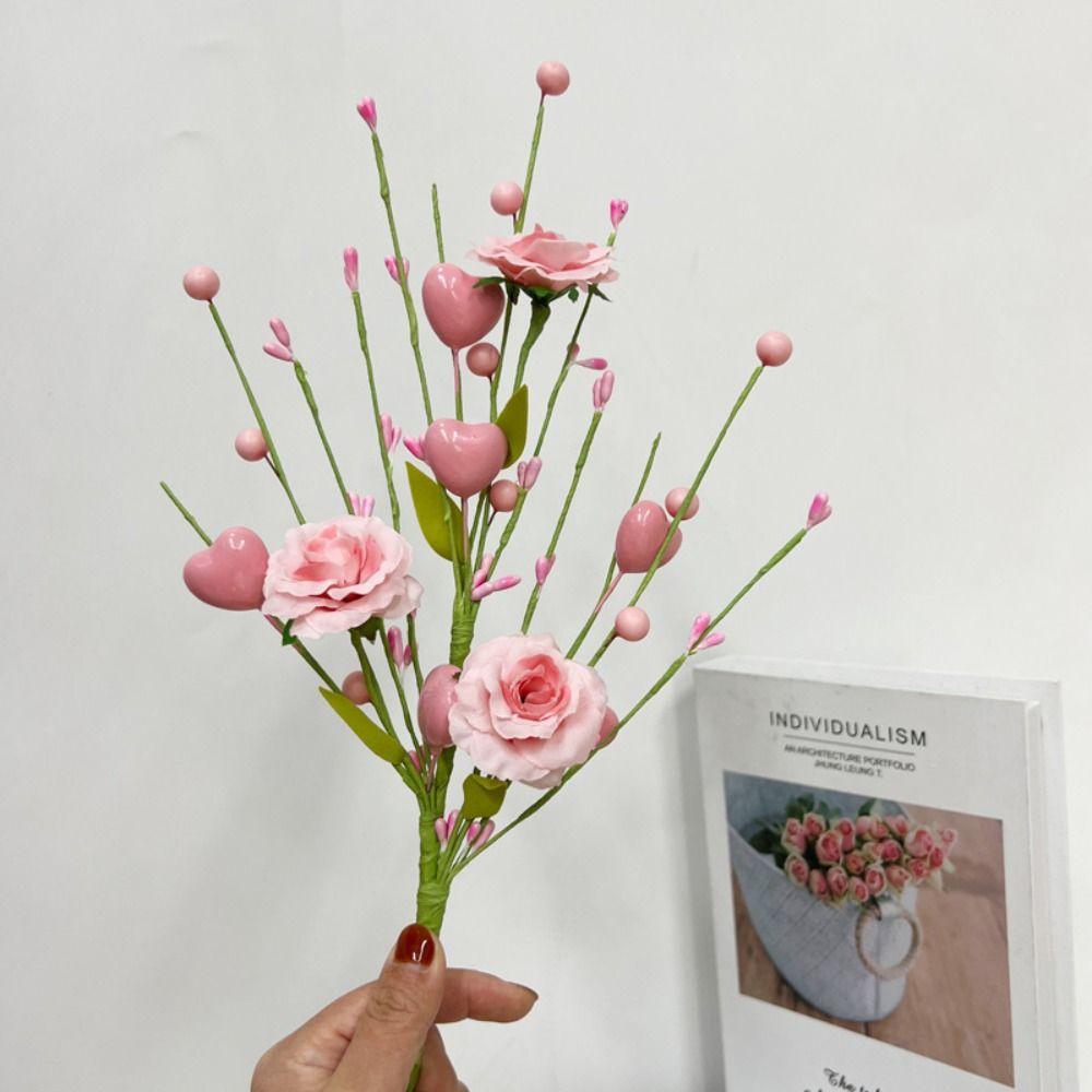 2pcs Red Pink Artificial Rose Heart Berry Branches Romantic Artificial Flower  Anniversary