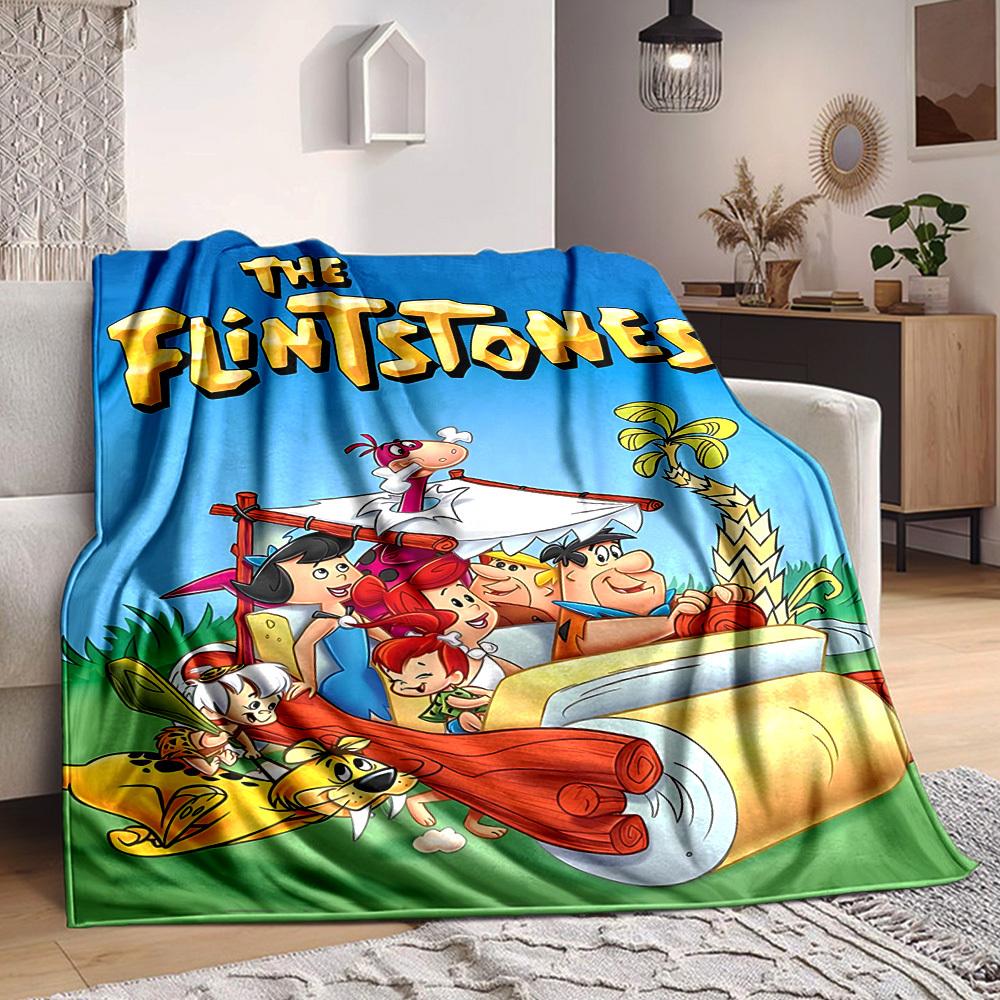 1pc Flintstones Family Flannel Throw Blanket HD Printed Lightweight Soft Warm All Season Blanket for Sofa, Bed, Travel, Camping Machine Washable