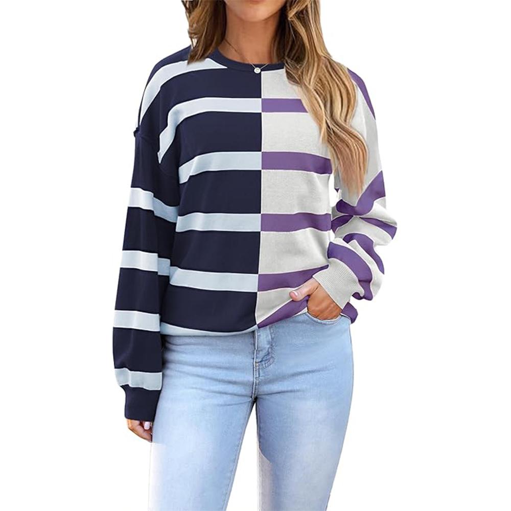 Женский полосатый свитер оверсайз 2025 с круглым вырезом и длинным рукавом, трикотажный свободный свитер с цветными блоками, повседневный топ