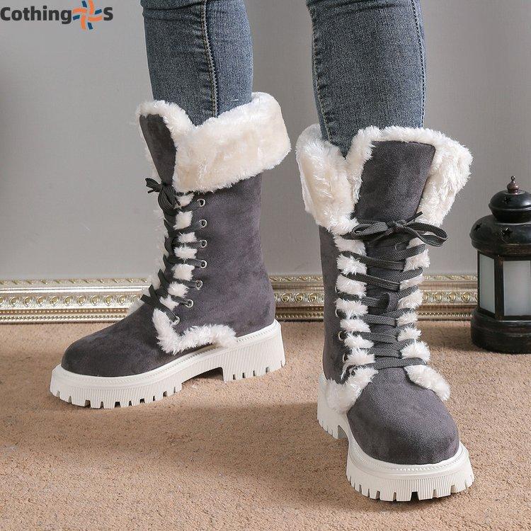 Зимние сапоги Зимние новые ретро сапоги с толстой подошвой Длинные плюшевые сапоги с толстой подошвой