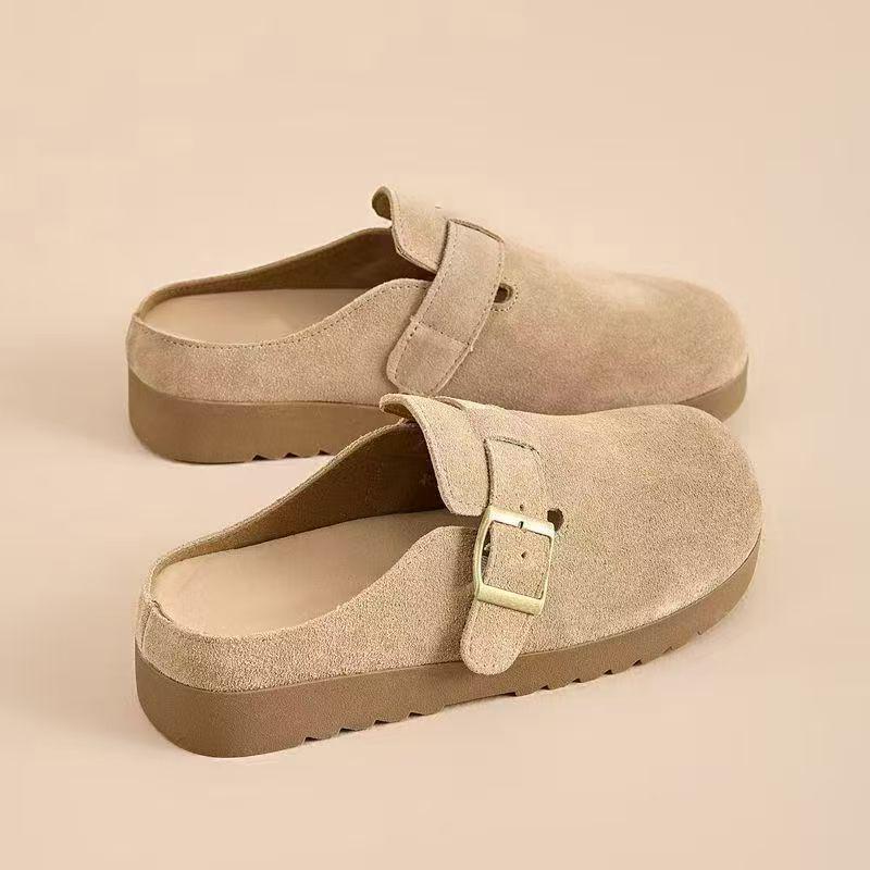 Женские флисовые полутапочки 2024: Закрытые плоские сандалии в стиле Birkenstock, идеально подходят для беременных женщин и для ношения на улице
