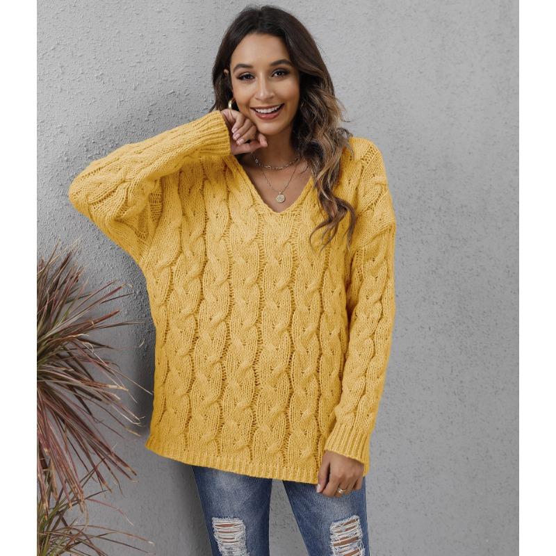 Autumn and Winter Women's Thickened Twist Knit V-Neck Hooded Loose Pullover Sweater