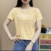 YYFS Женская мода повседневная летняя весна клетчатый принт с коротким рукавом и круглым вырезом блузки и рубашки