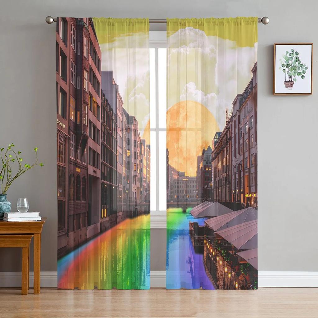 Moon Rainbow Composite Tulle Curtains for Living Room Bedroom Sheer Curtain for Balcony Hall Fashion Printed Home Drapes