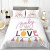 Love Theme Duvet Cover Set King Queen Size Heart Shape Romantic Letters Pink Flower For Kids Girls Couples Polyester Bedding Set