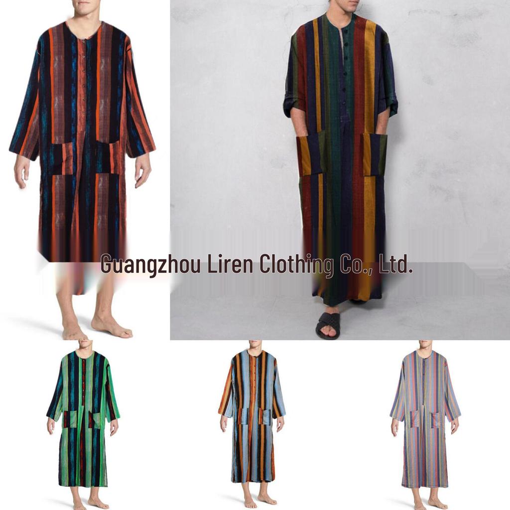 Мужской этнический полосатый халат с воротником-стойкой и длинными рукавами - Юго-Восточная Азия и Ближний Восток