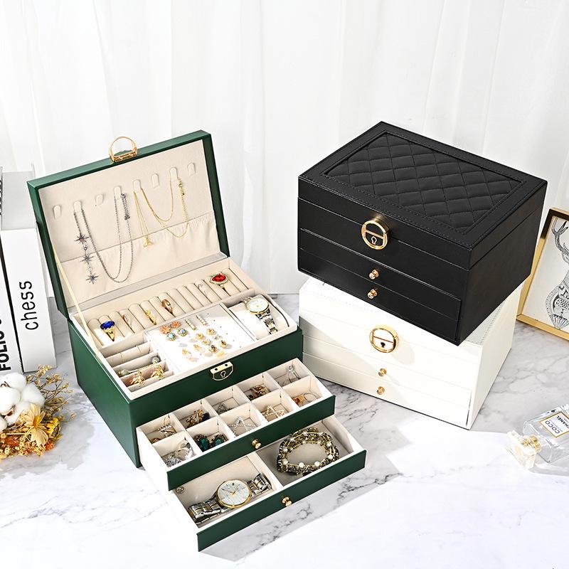 Luxury Three-Layer Leather Jewelry Box with Lock & Drawer for Earrings