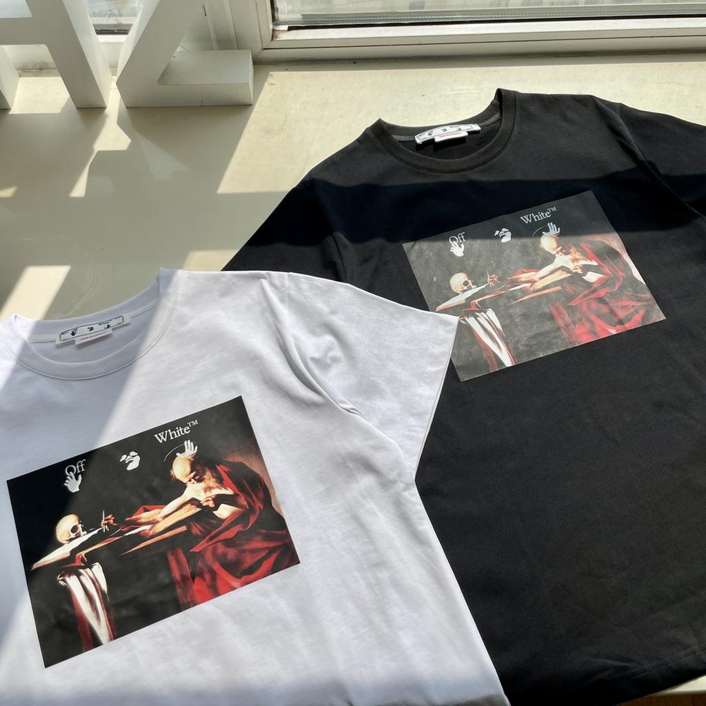 Off-White Лето 2025 года, новинка, классическая религиозная картина маслом Караваджо с принтом стрелы, классическая футболка с короткими рукавами для мужчин и женщин
