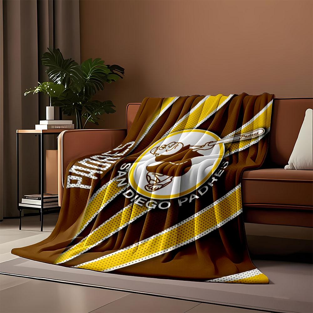 Retro design with yellow rays, brown background, and San Diego Padres logo. for all seasons blanket lunch break throw gift