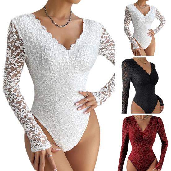 Women Bodysuit Flower Embroidery Lace Elastic Deep V Neck See-through Long Sleeve Solid Color Slim Fit Soft Breathable Spring Playsuit