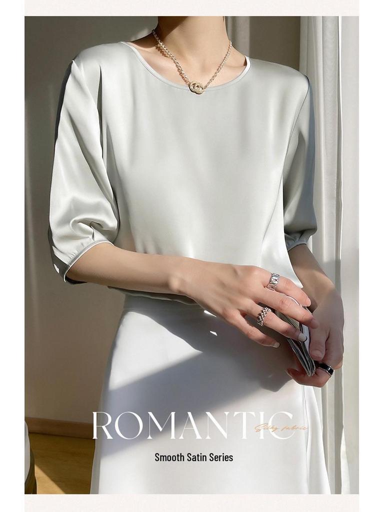 Breathable Silk Women's Round Neck Loose Solid Color Acetate Satin T-Shirt (2024 Spring/Summer Collection)