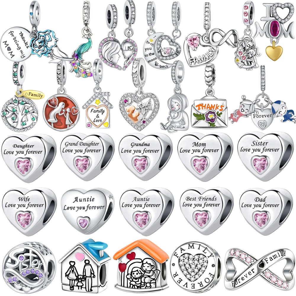 New Charms 925 Silver Sister Daughter Mum Mother Family Love Heart Beads Fit Origina Bracelet Necklace DIY Jewelry