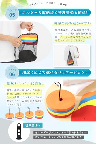 [Supervised by the former Jubilo Iwata U-12 coach] Flat Marker Cone [Windproof] For soccer and futsal [Formaldehyde-free] Includes stand and mesh bag