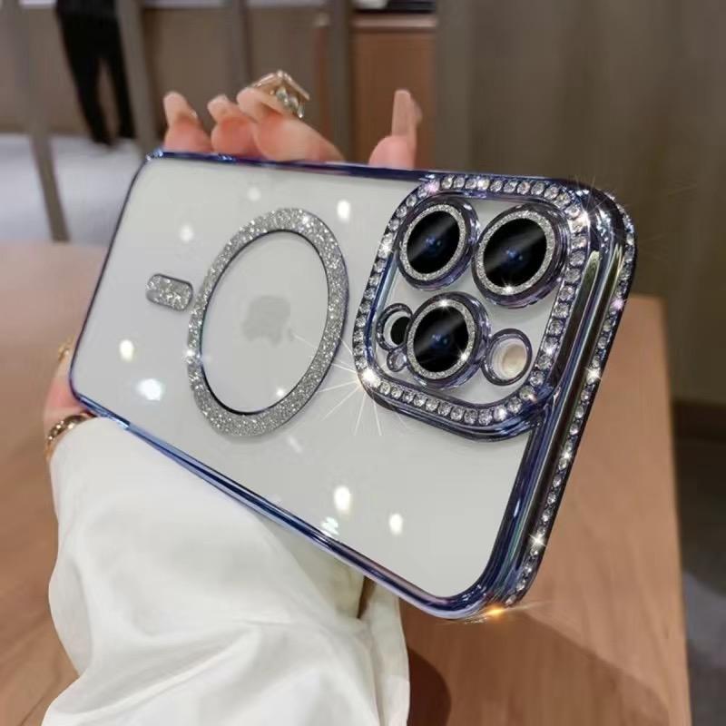 Роскошный блестящий магнитный прозрачный чехол для iPhone 15 Pro Max 14 13 12 11, алмазный бампер с беспроводной зарядкой, мягкий чехол из ТПУ