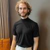 Мужская повседневная футболка с коротким рукавом и высоким воротником, облегающий пуловер, однотонная футболка для мышц, повседневная одежда