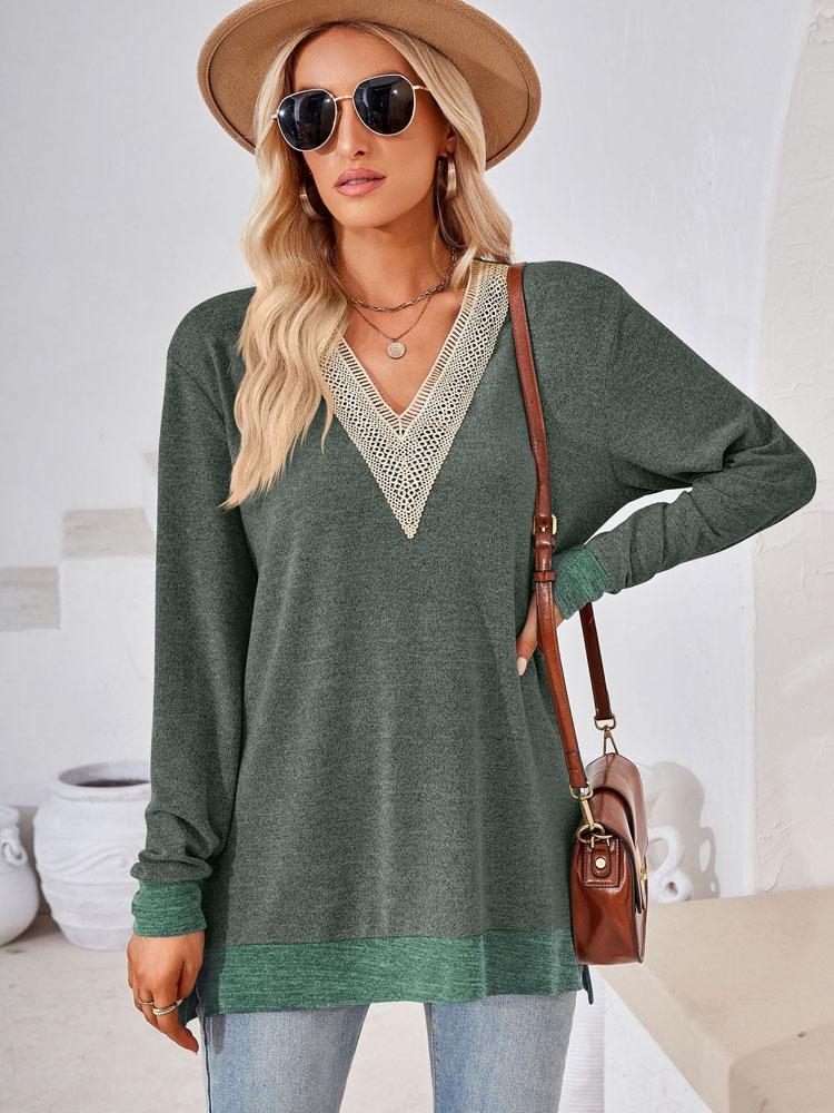 Элегантная и классическая универсальная и удобная осенне-зимняя свободная однотонная футболка с V-образным вырезом и кружевом, женская футболка с длинным рукавом