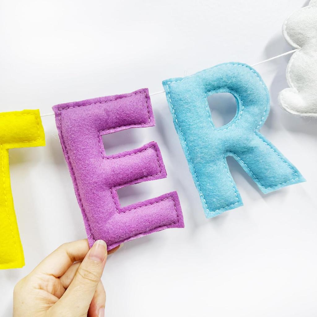 Easter Decorations Pre-Strung Felt Pastel Happy Easter Sign Bunny Banner Wool Felt Ball Garland for Happy Easter Spring Nursery Classroom Home Wall