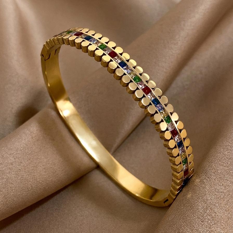 Elegant Inlaid Colorful Column Bracelet, Fashionable and Sophisticated Women's Open Hand Jewelry