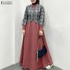 ZANZEA Women Muslim Casual Round Neck Long Sleeve Plaid Print Patchwork Loose Long Dress