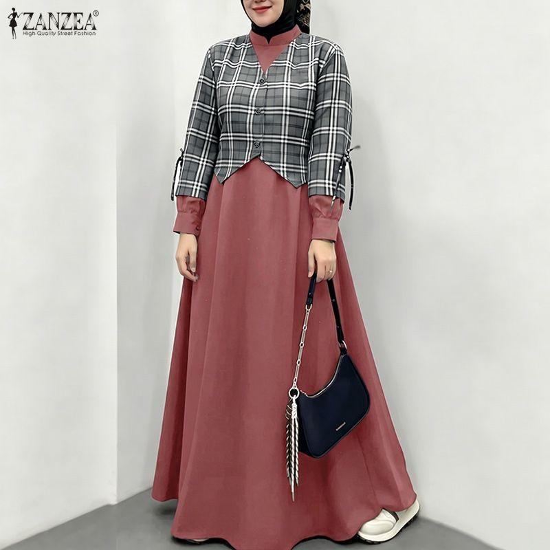 ZANZEA Women Muslim Casual Round Neck Long Sleeve Plaid Print Patchwork Loose Long Dress