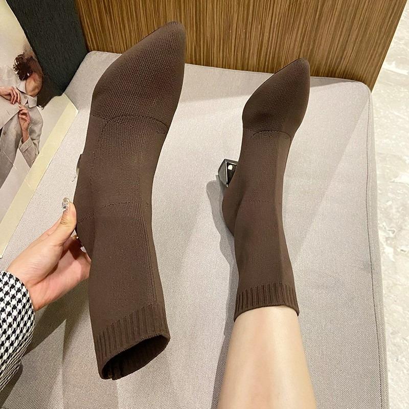 Модные эластичные вязаные дышащие ботильоны женские весенне-осенние с острым носком, универсальный блочный каблук, высокий каблук, облегающие сапоги