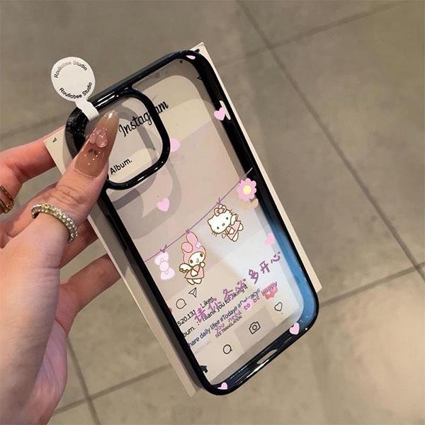 Черная рамка Hello Kitty в форме сердца для 17Pro Max/16/15Pro/14/13Pro Акриловый мультяшный чехол