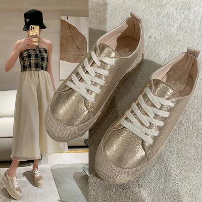 Женские кроссовки с золотыми блестками, одинарные туфли с круглым носком, на шнуровке, на платформе в стиле ретро, легкие, удобные, вулканизированные туфли для ходьбы