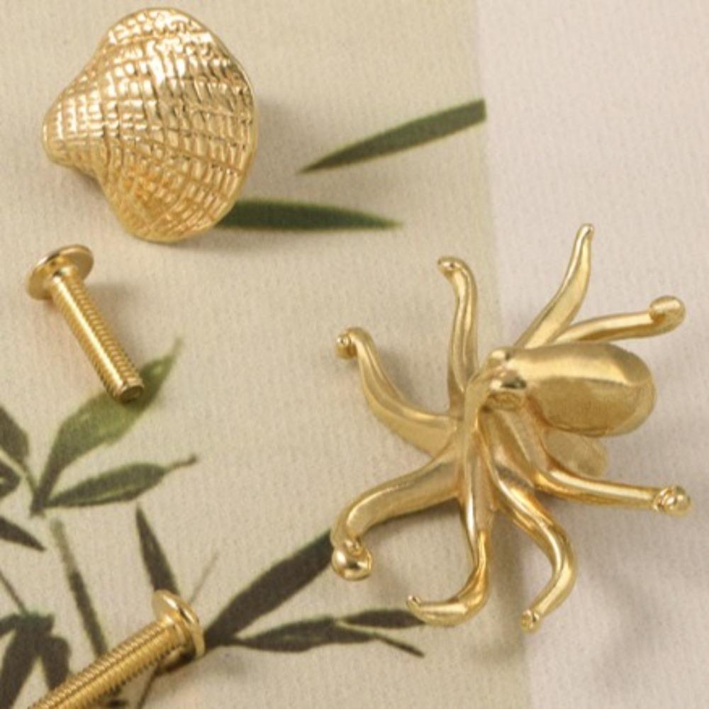Luxury Shell Fish Brass Handle Gold Color Wardrobe Drawer Pulls Octopus Cabinet Door Knobs Window