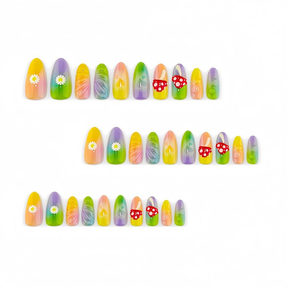 Rainbow Gradient Three-dimensional Mushroom Daisy Almond Wearable Nail Forest Fairy Tale Jelly Fluid Embossed Glue Fake Nails
