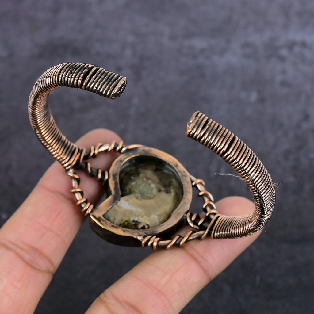 Ammonite Fossil Gemstone Handmade Copper Wire Wrap Cuff Bangle Adjustable U6k82