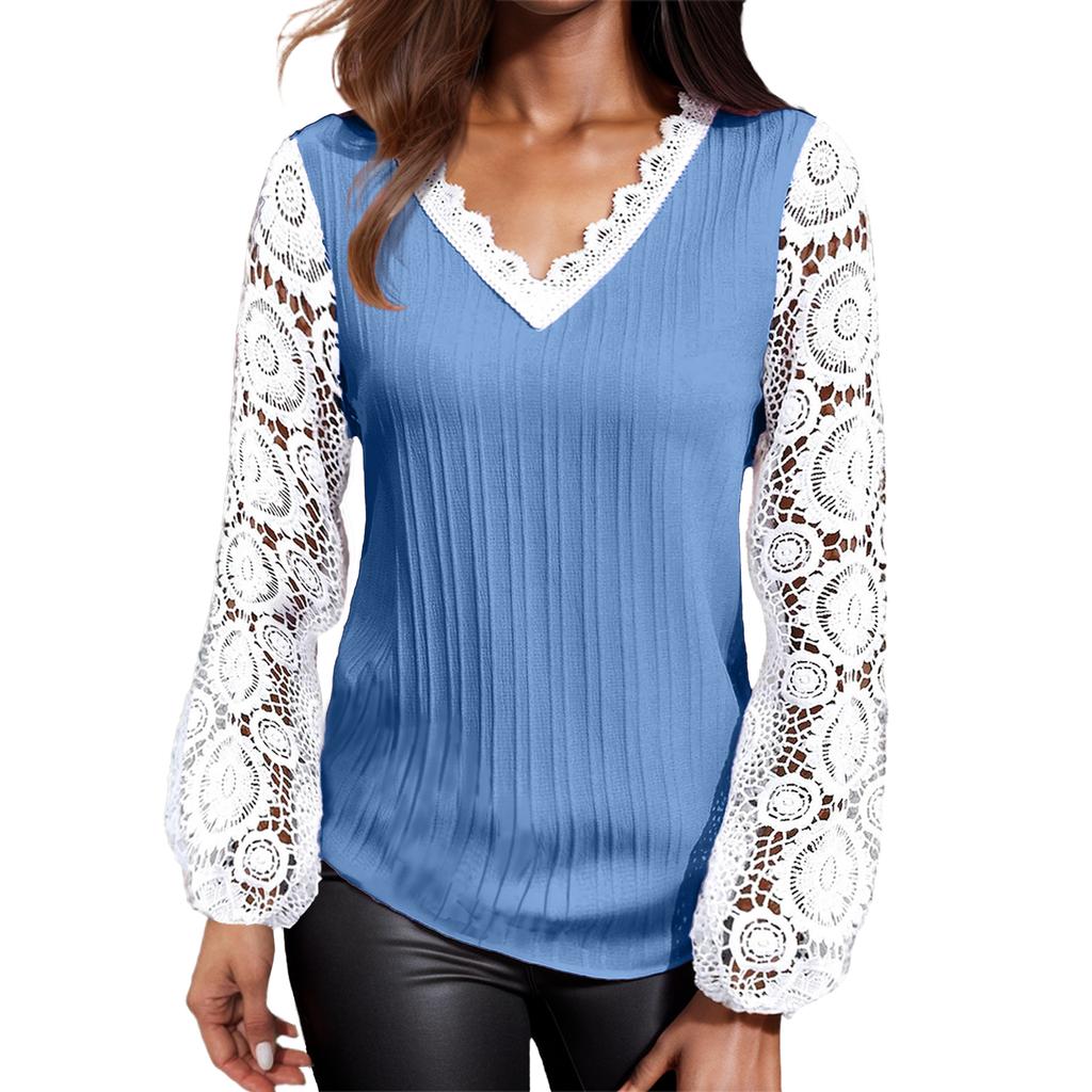Женская свободная повседневная футболка с v-образным вырезом и кружевом в стиле пэчворк с длинными рукавами