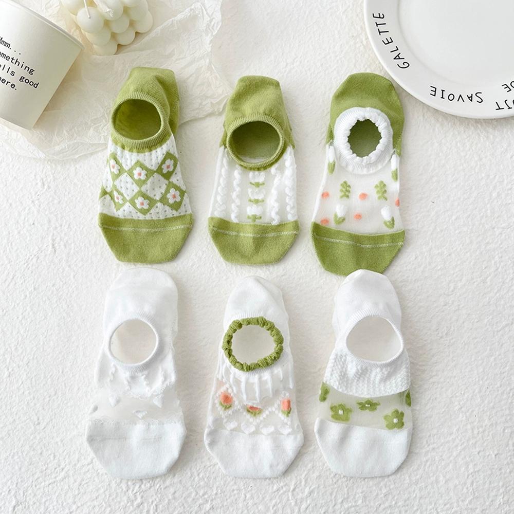 6 Pairs Women's Floral Mesh No-Show Socks Y2K Kawaii Lace Trim Breathable Ankle Socks With Harajuku Style Green Cute Boat Socks