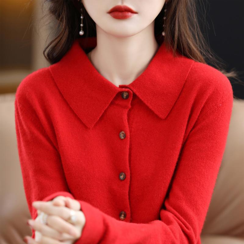 Four Seasons Sweater Cardigan Wool Blend Autumn and Winter Women's Loose Polo Lapel Tops Knitted Cardigan