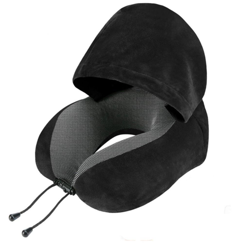 Removable Travel Neck Pillow Adjustable with Storage Bag Hooded Pillow Soft Support Washable Cover U-shaped Pillow with Cap