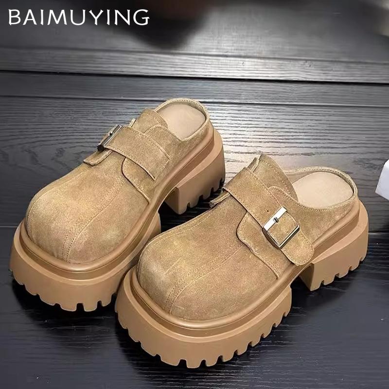 Замшевые туфли на толстой платформе женские мюли модные туфли на высоком каблуке 2025 тренд зима новый бренд пряжка повседневные женские туфли
