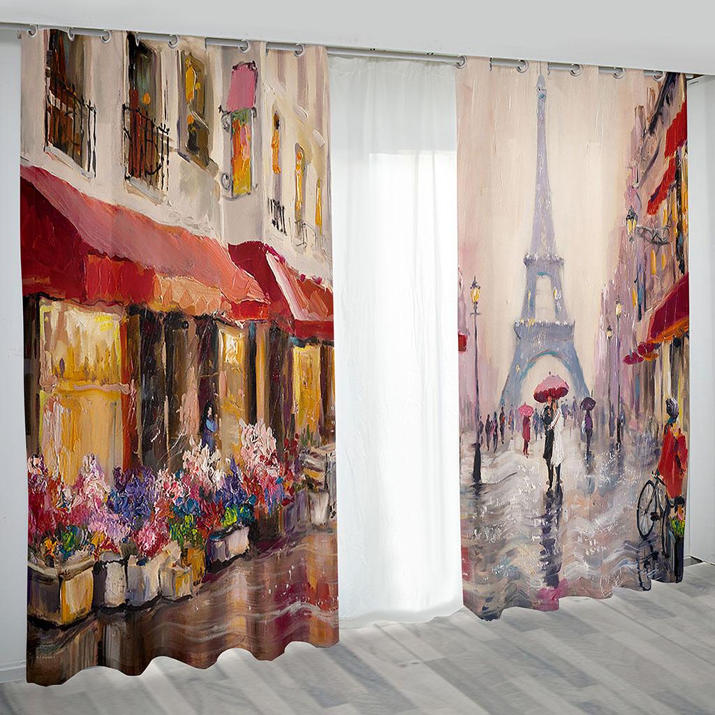 Paris Oil Painting Design Eiffel Tower In the Streets Thin Window Curtains for Living Room Bedroom Decor On Sale 2 Pieces