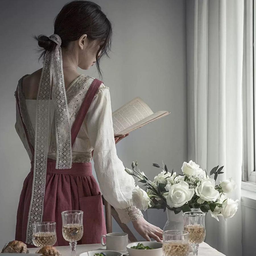 Волнистый сарафан Французский пасторальный Флорист Артистичный Хлопково-льняной Винтажный Фартук Кухня Выпечка Скандинавский Однотонный Фартук с оборками