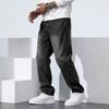Mens Relaxed Fit Straight Leg Denim Jeans Gray Casual Trousers 2026 Fashion