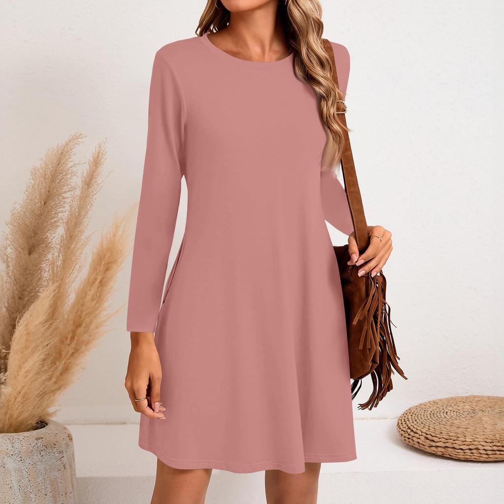 Женское модное повседневное однотонное платье с круглым вырезом и длинным рукавом, короткими боковыми карманами