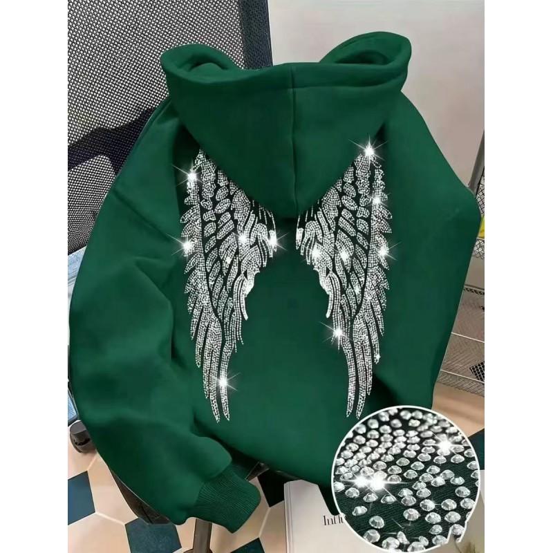 2026 Trendy Hoodie Loose Fit Rhinestone Wings Sweatshirt Casual Streetwear Teens Youth