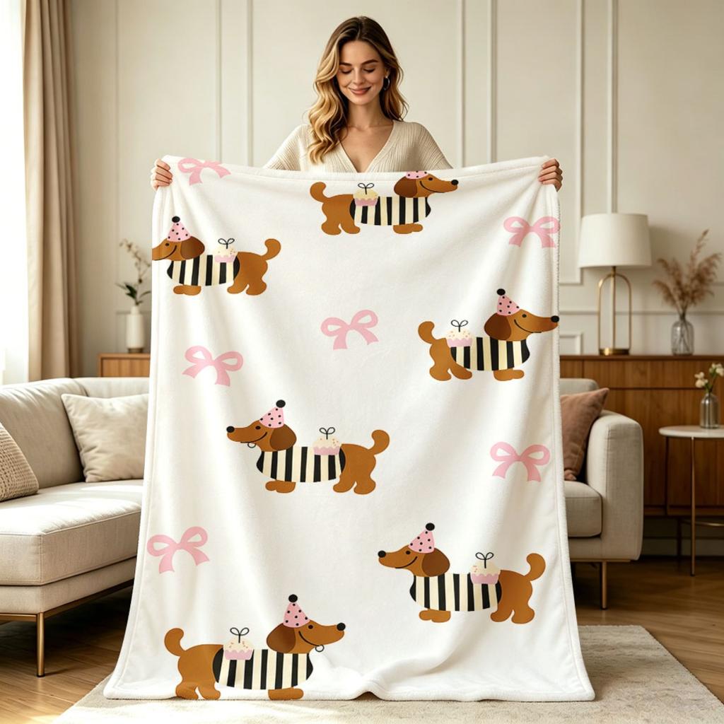 All Season Flannel Throw Blanket with Cute Party Dachshund Dog And Pink Bowknot Pattern Soft Warm Cozy Lightweight Decorative Blanket for Sofa Couch B